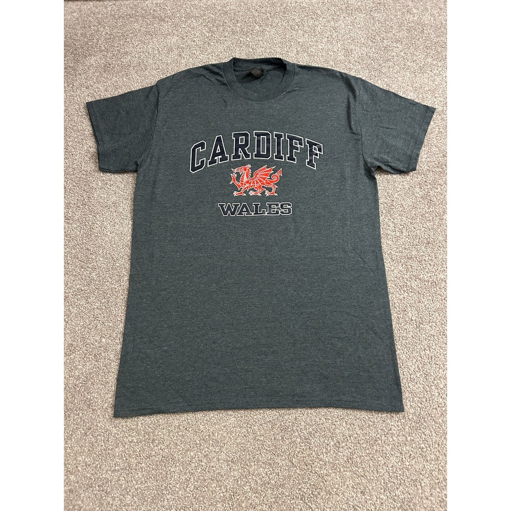 Vintage Cardiff Wales T-Shirt Mens Medium Gray Excellent Red Dragon Graphic Tee